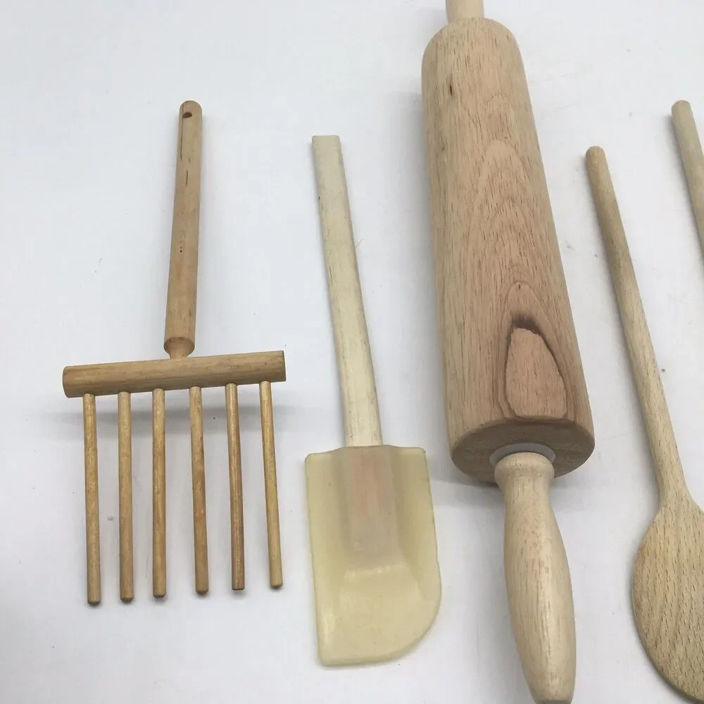 Vtg Lot Of 9 Wooden Kitchen Utensils Fork Wooden spoon Spatula Rolling Pin